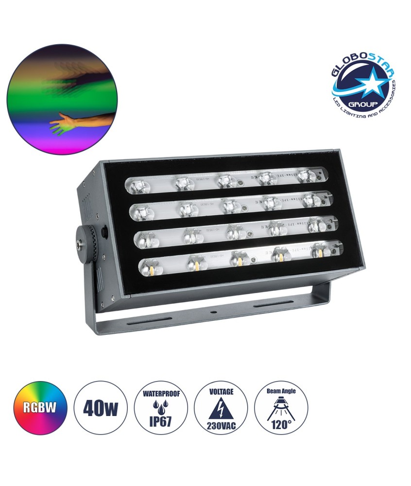 GLOBOSTAR® FLOODKENA 90765 Προβολέας Σποτ Wall Washer LED 40W 3400lm 120° AC 220-240V Αδιάβροχο IP67 Πολύχρωμο RGBW - Bridgelux SMD Chip - Γκρι Ανθρακί - Μ31 x Π10 x Υ17cm - 3 Χρόνια Εγγύηση